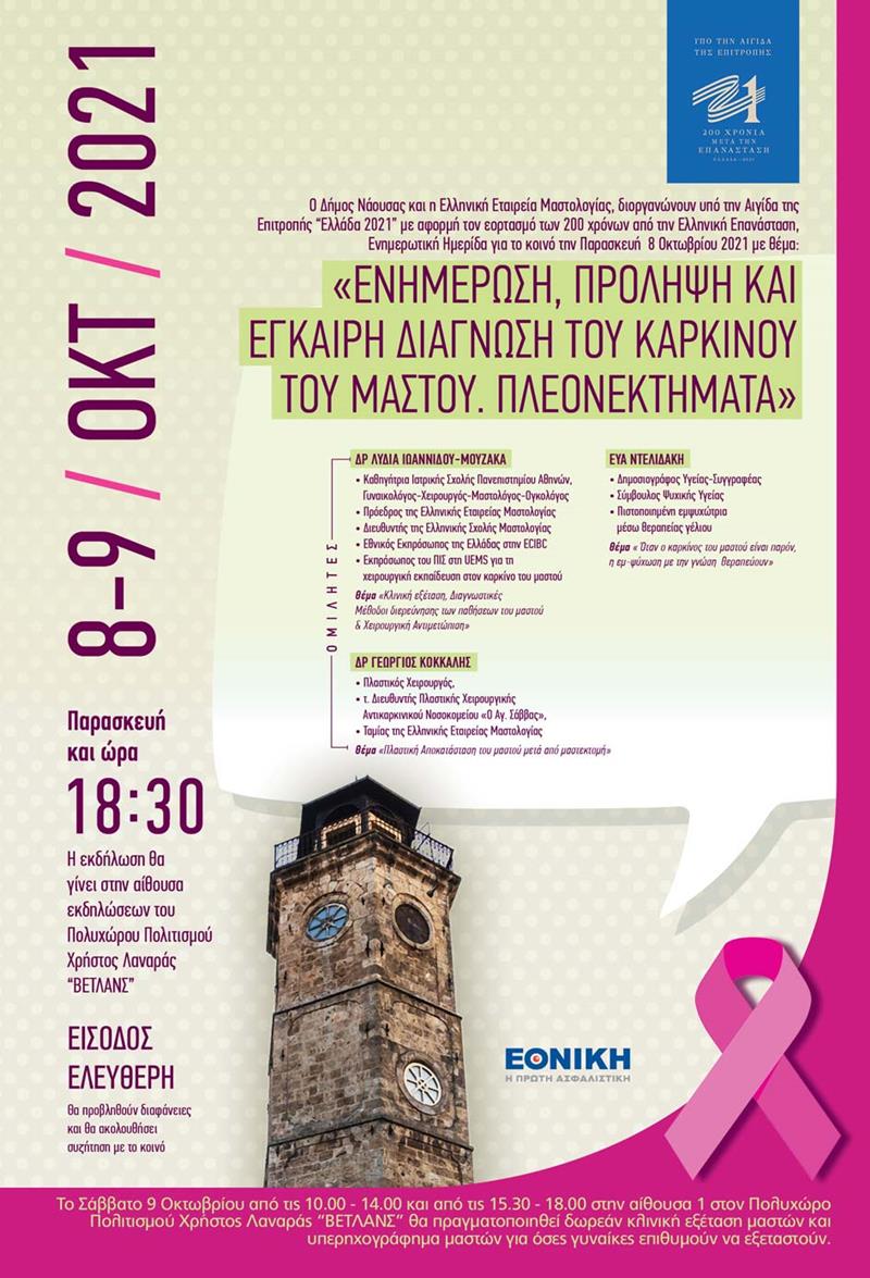 Διήμερο δράσεων για την πρόληψη καρκίνου του μαστού από την Ελληνική Εταιρεία Μαστολογίας και τον Δήμο Νάουσας