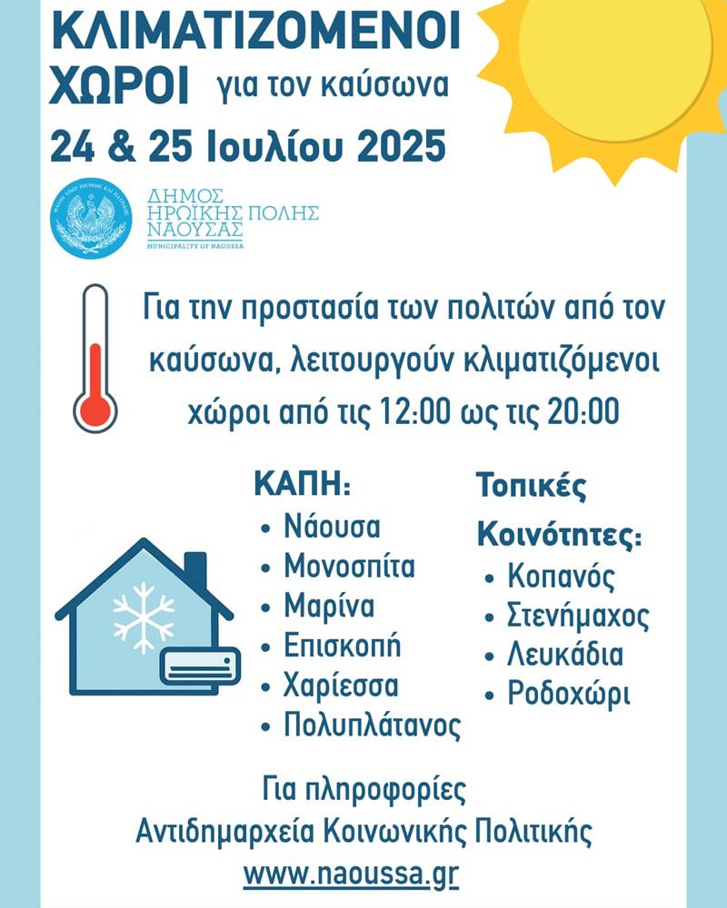 Διαθέσιμοι κλιματιζόμενοι χώροι στον Δήμο Ηρωικής Πόλης Νάουσας για την προστασία των πολιτών από τον καύσωνα